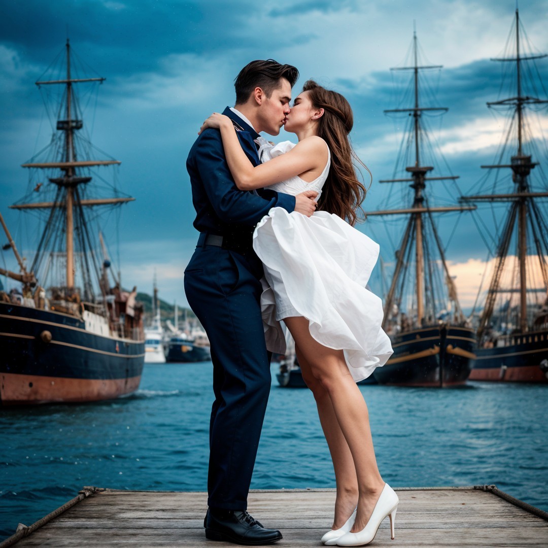 Couple Kissing on Dock with Tall Ships in Background