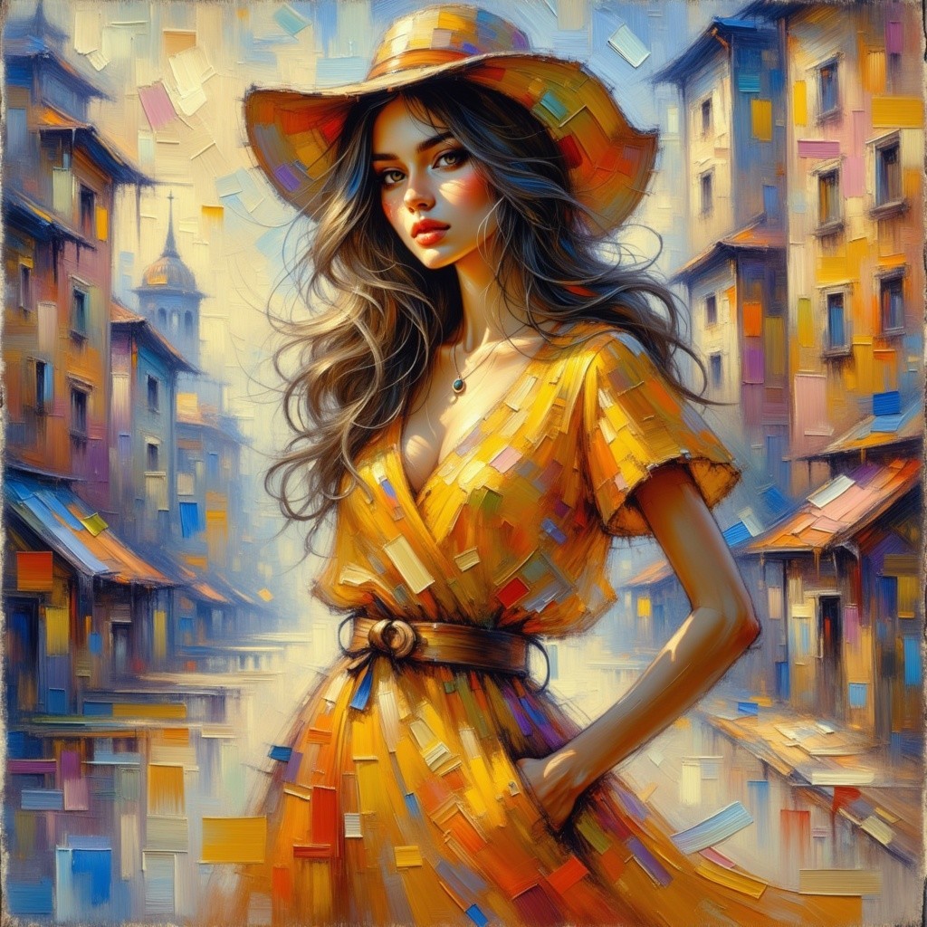 Young Woman in Yellow Dress Against Colorful Street
