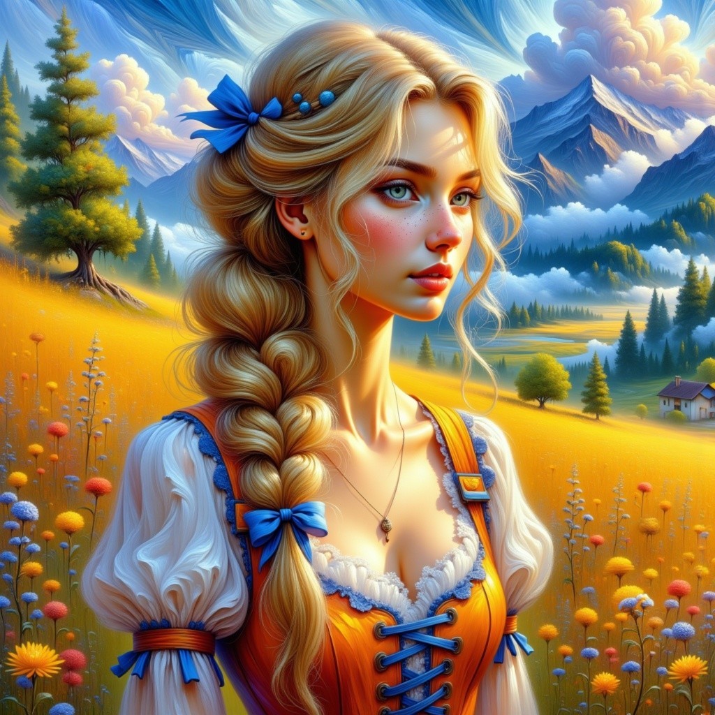 Young woman in vibrant dress in a sunny meadow