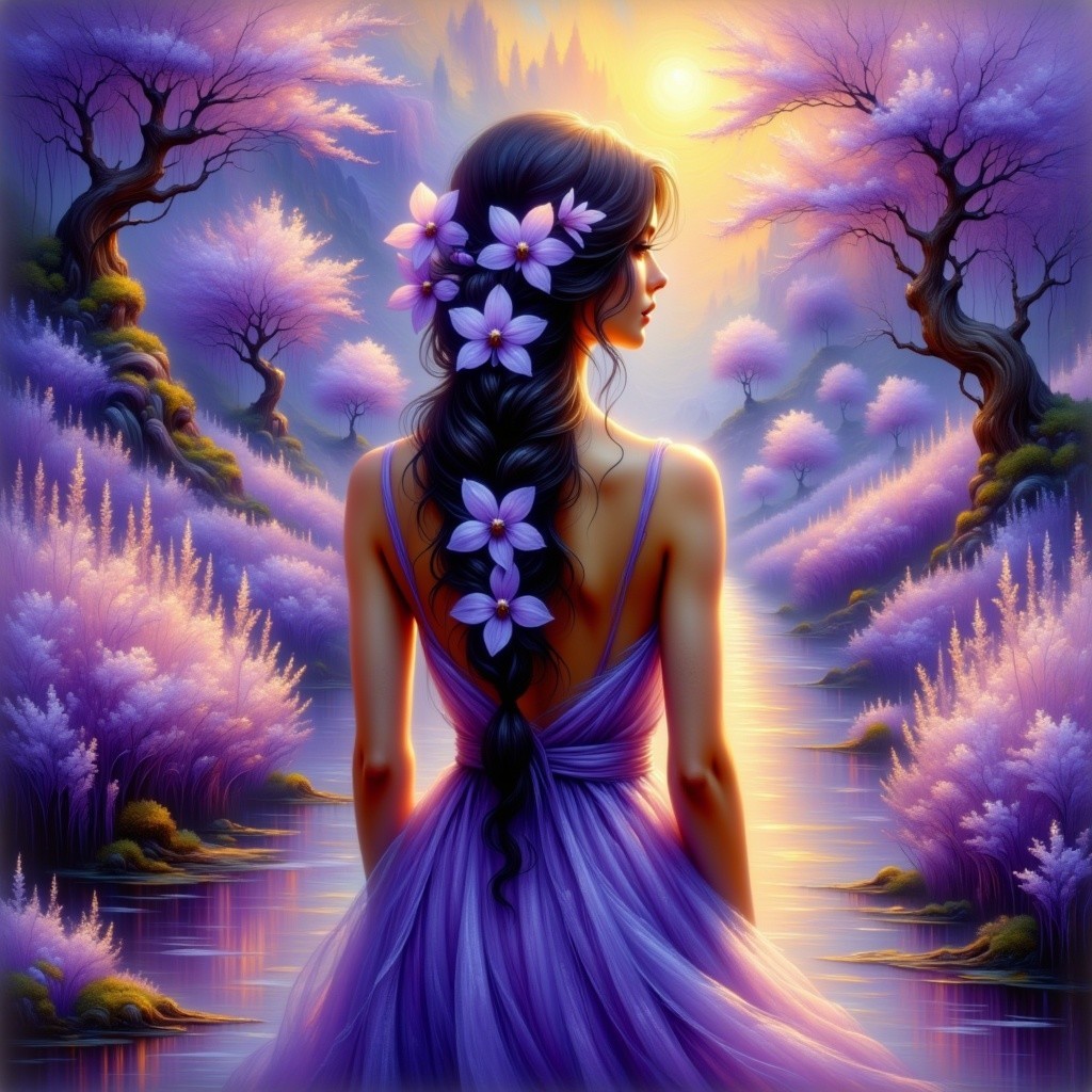 Woman in Purple Dress by Tranquil Water at Sunset