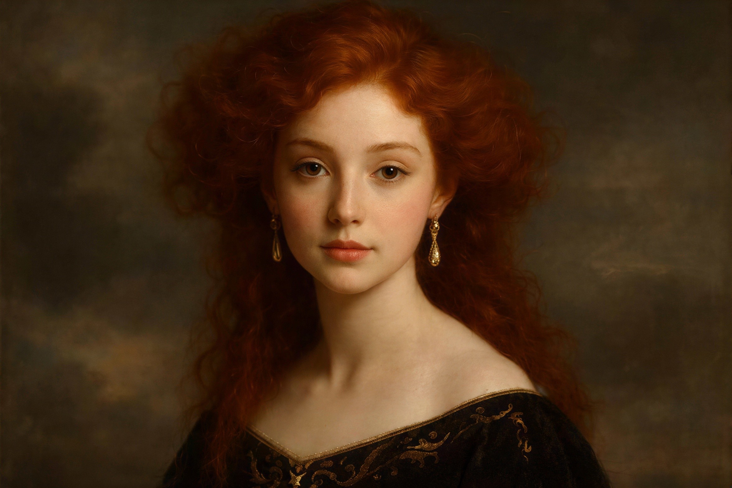 Close-up Oil Painting of a Young Woman in Gown