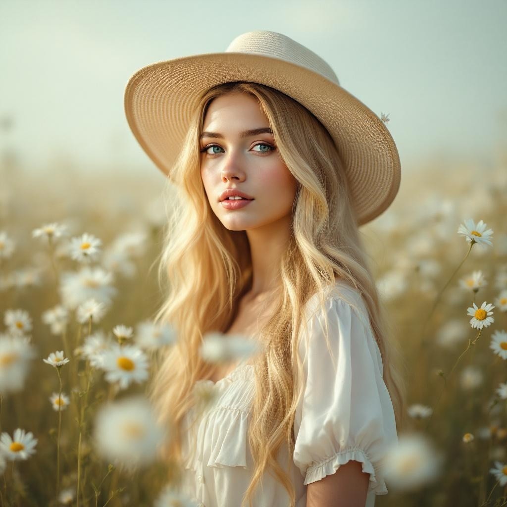 Young woman in straw hat among daisies in sunlight