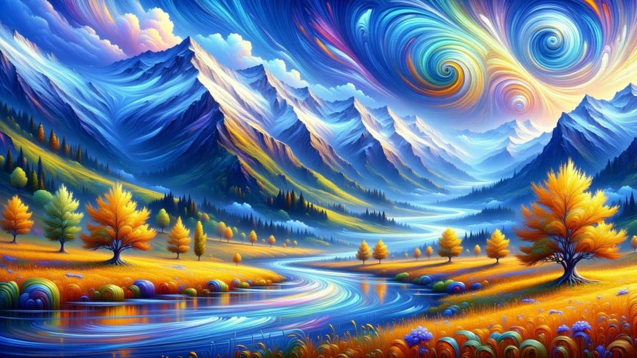 Vibrant Landscape with Snow-Capped Mountains and River