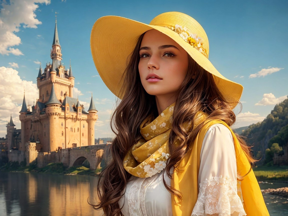 Young woman by river with castle and vibrant scenery