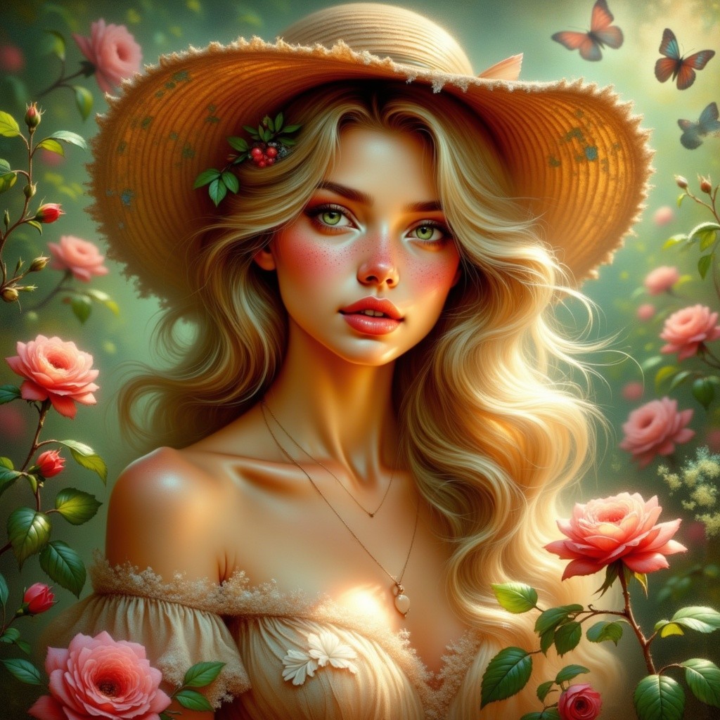 Young woman in elegant dress amidst roses and butterflies