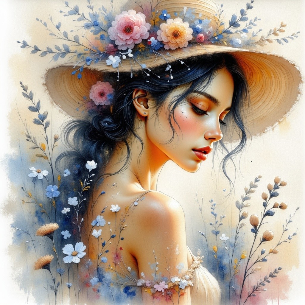 Profile of a Young Woman in a Floral Straw Hat
