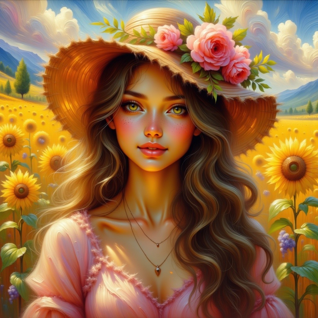 Young Woman in Sunflower Field with Straw Hat