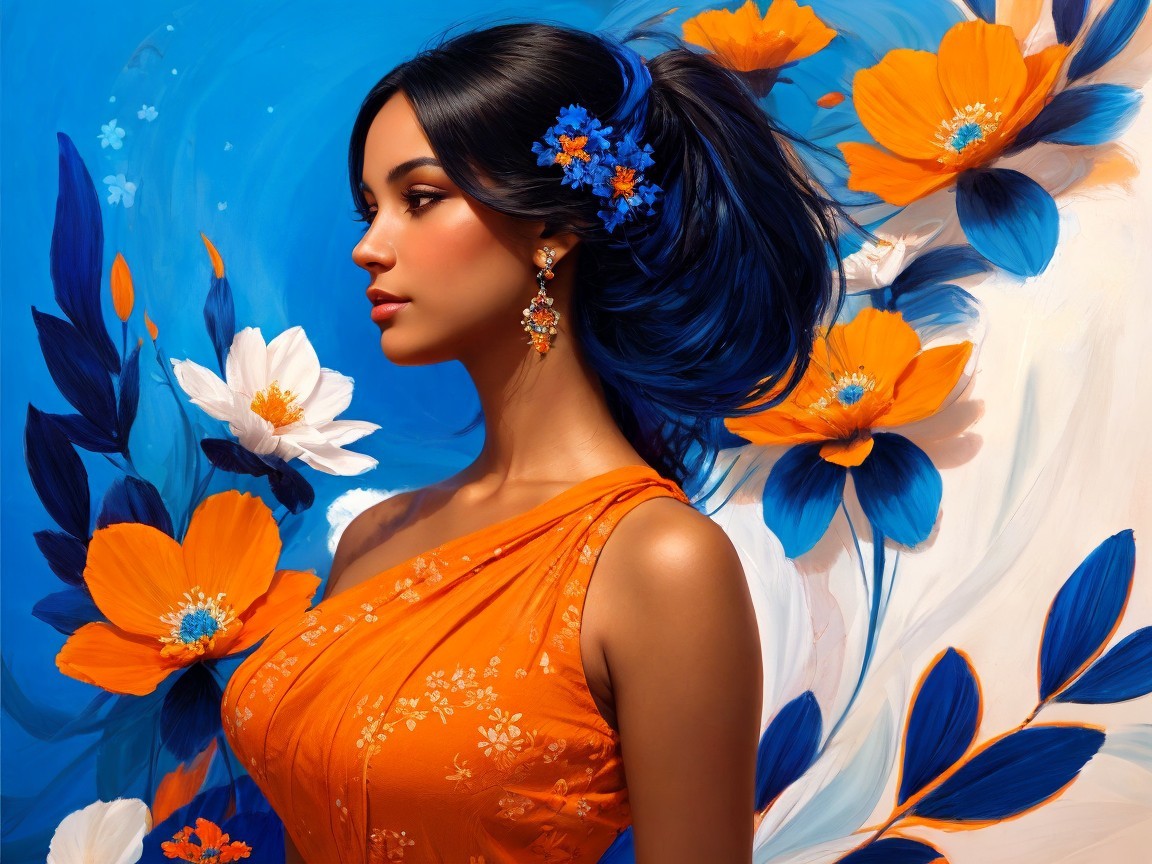 Young woman in orange dress amidst blue flowers