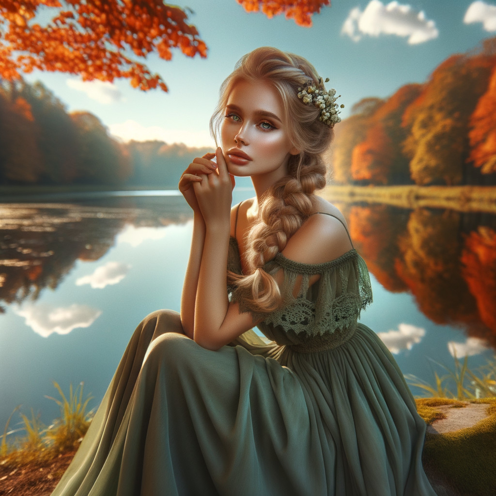 Young woman by serene lake in autumn foliage