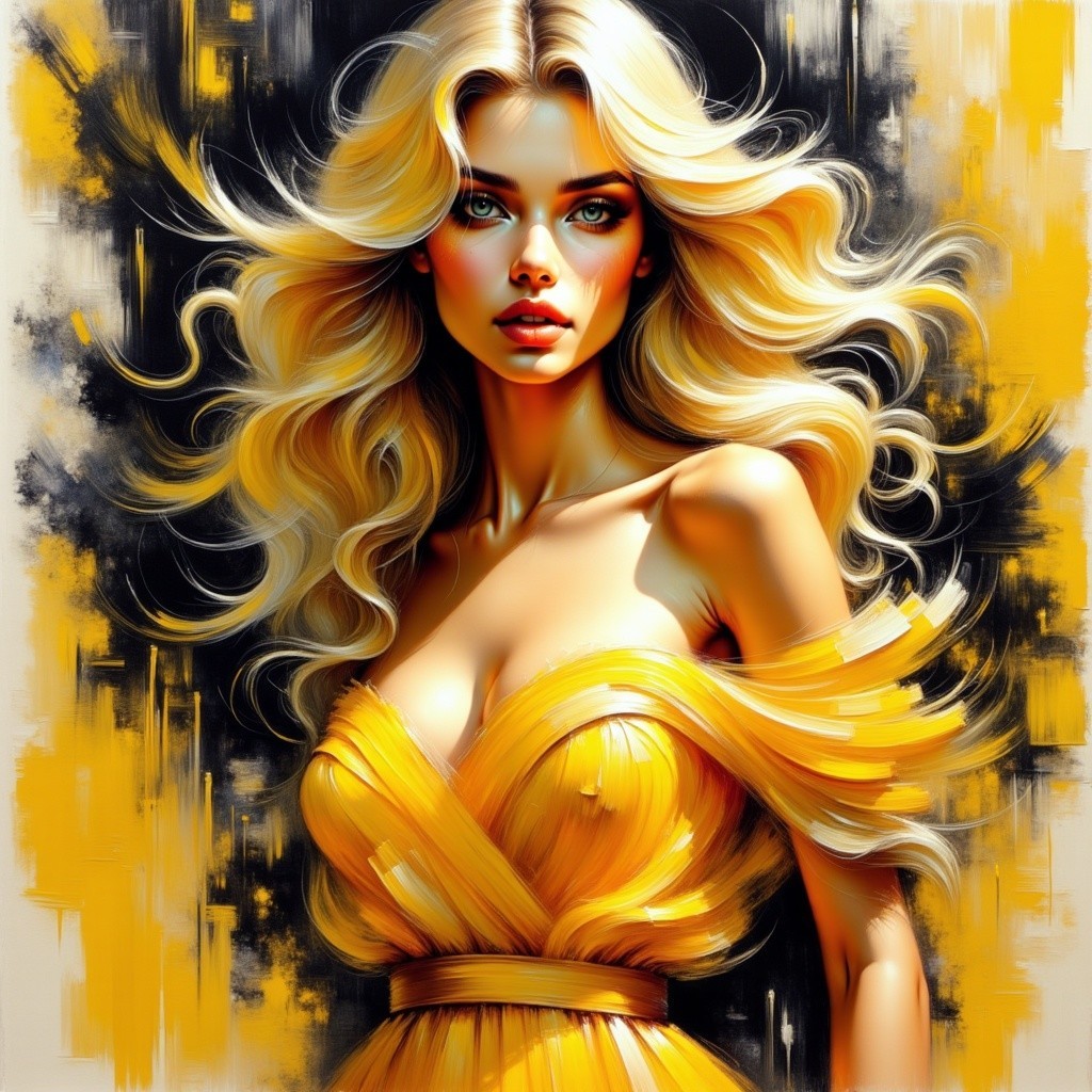 Elegant Woman in Yellow Dress Against Black and Gold