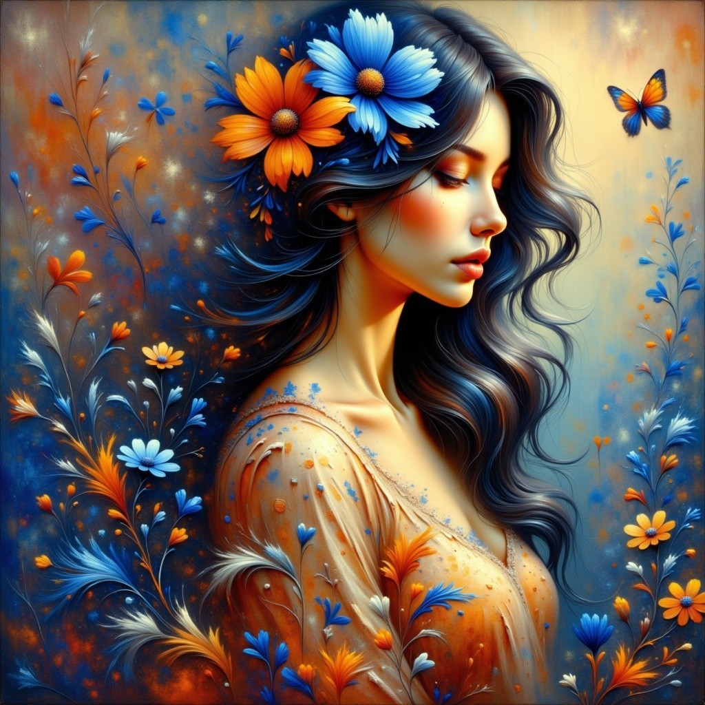 Profile of a woman with flowers in hair and background