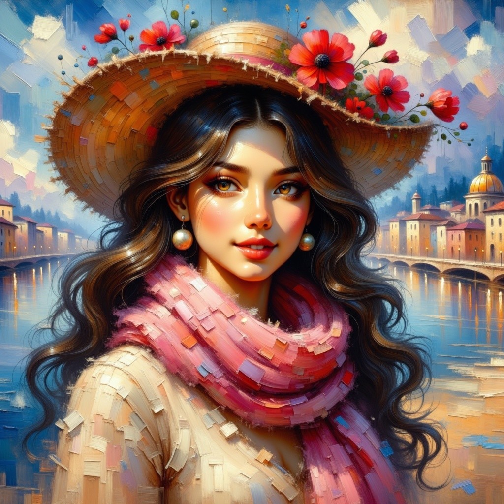 Young Woman in Straw Hat by Picturesque Riverside