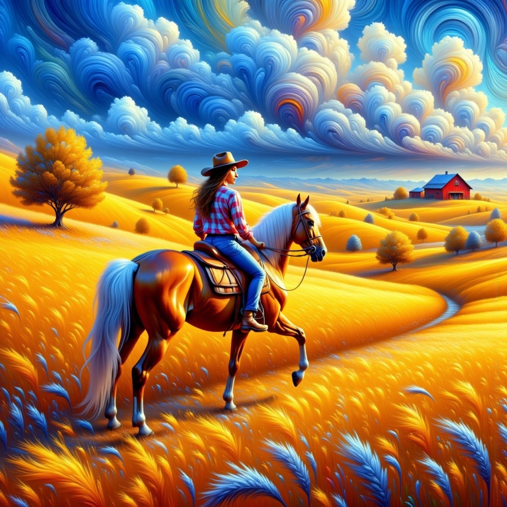 Rider on Horse in Golden Field with Rolling Hills