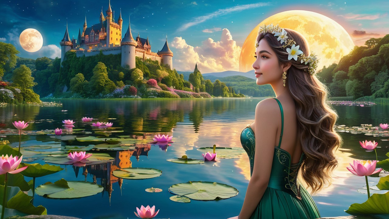 Young Woman by Lake with Lotus Flowers and Castle