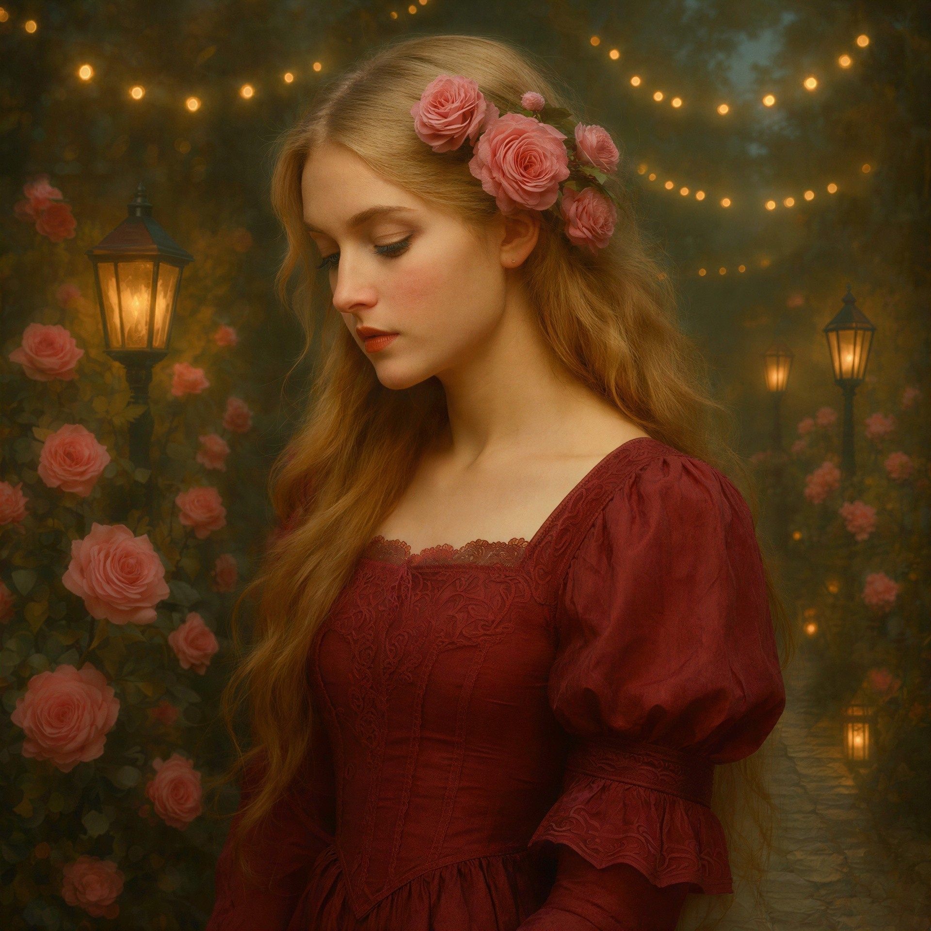 Young woman in red dress among pink roses in garden