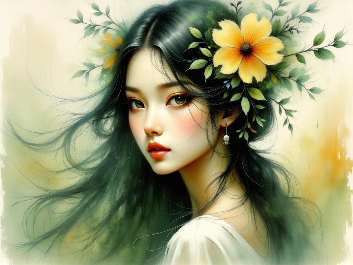 Serene Portrait of a Young Woman with Flowers and Leaves