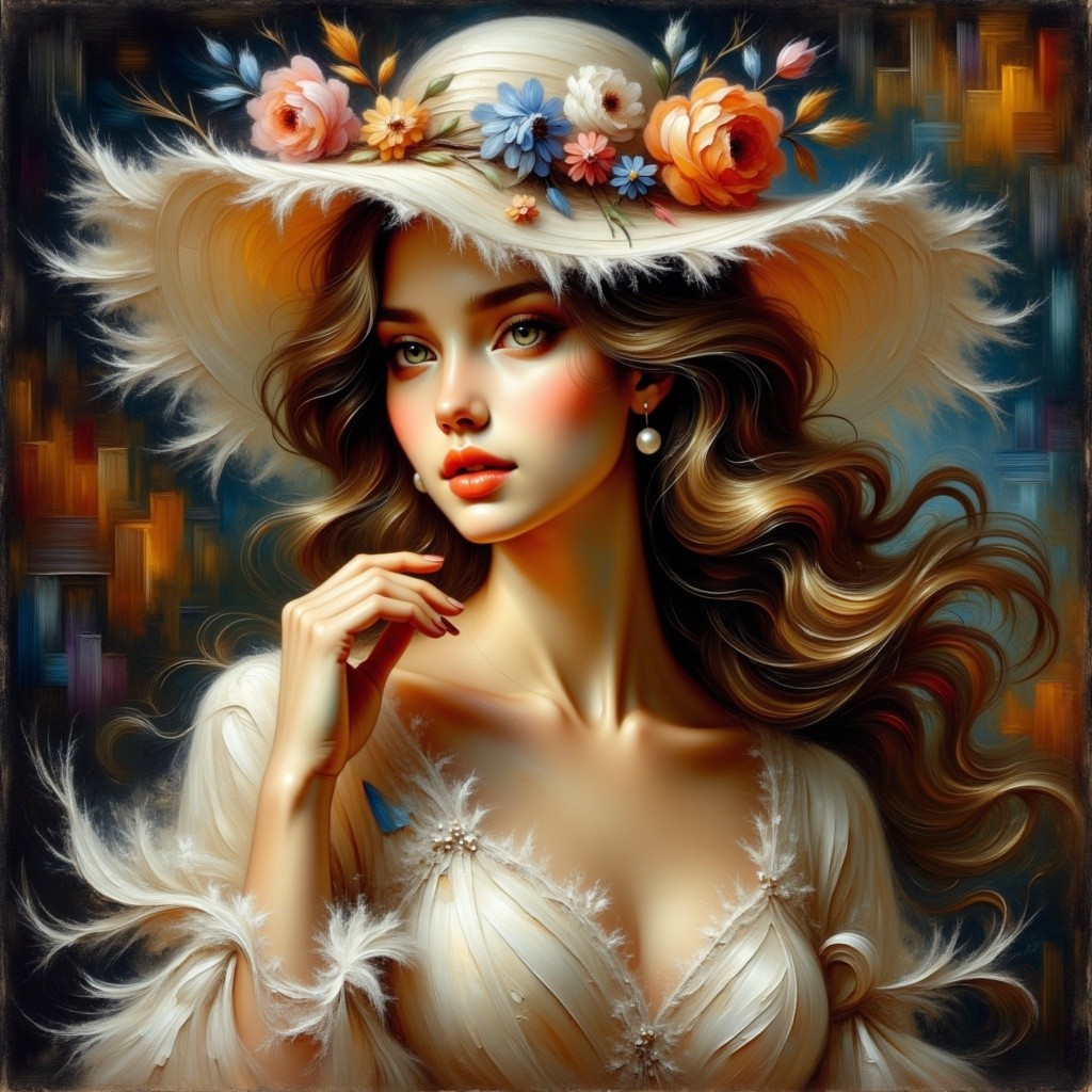 Elegant Portrait of Woman in Floral Hat and Dress