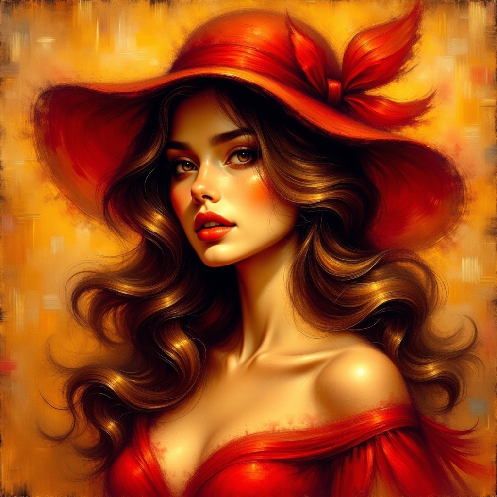 Portrait of a woman with red hat and off-shoulder dress