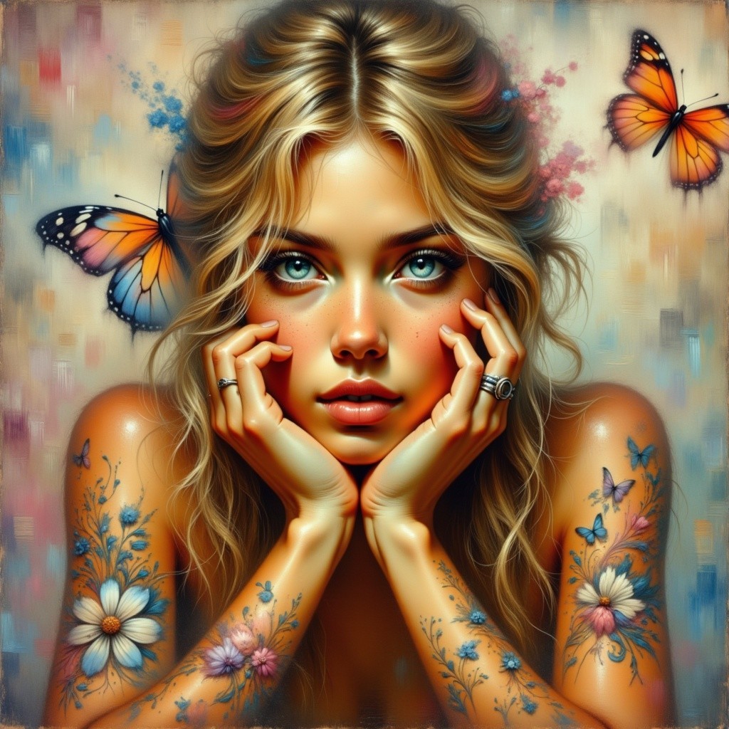 Portrait of a Young Woman with Floral Tattoos and Butterflies