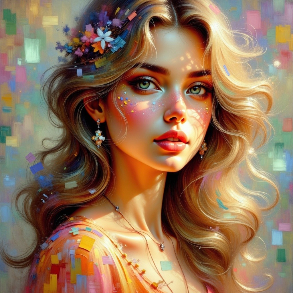 Portrait of a Young Woman with Flowers and Sparkles