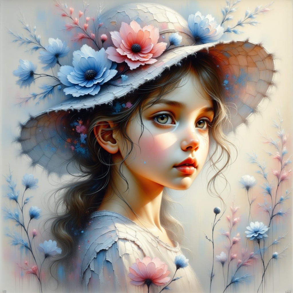 Young girl in wide-brimmed hat with floral elements