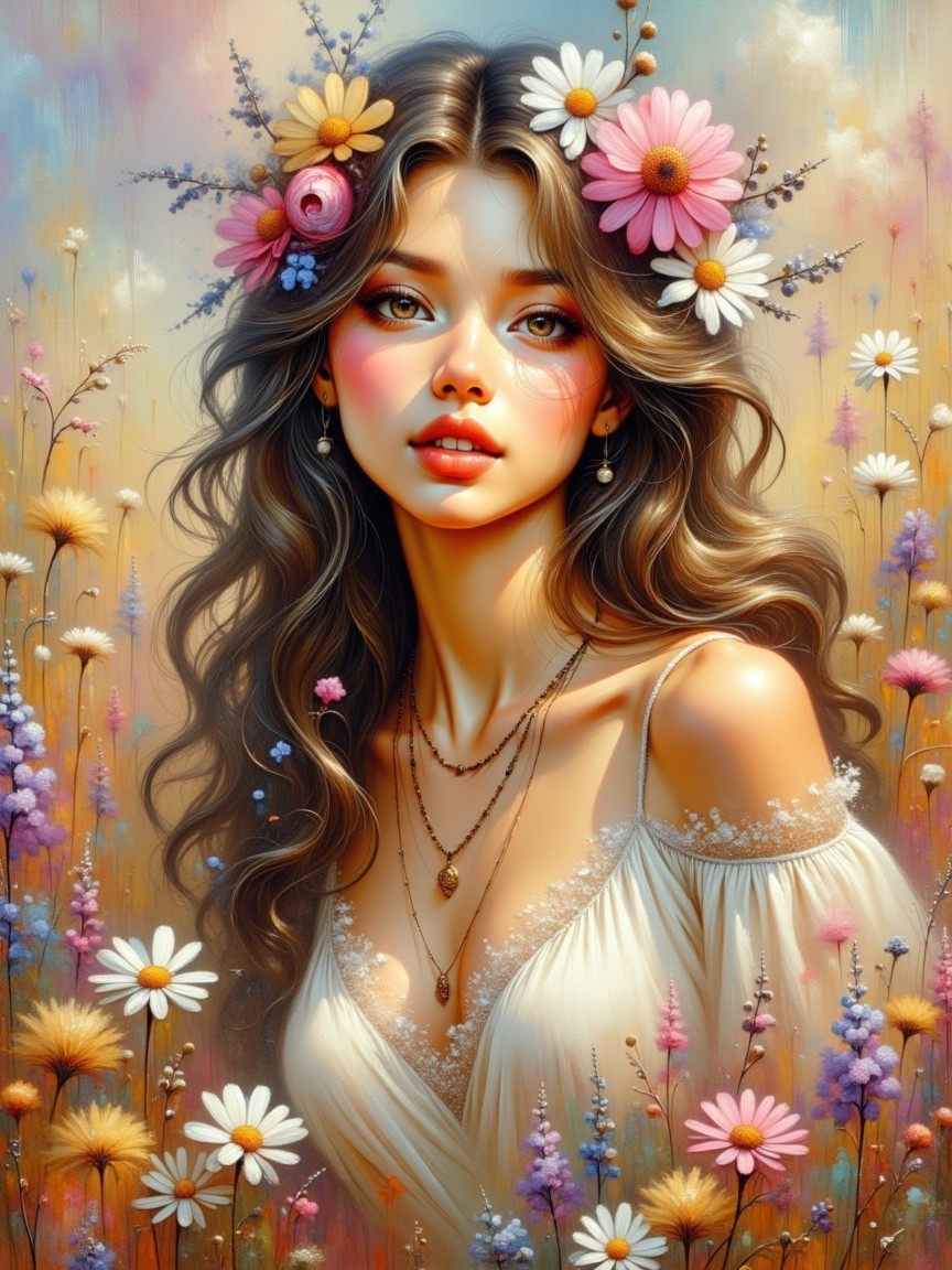 Young woman in white dress among vibrant wildflowers