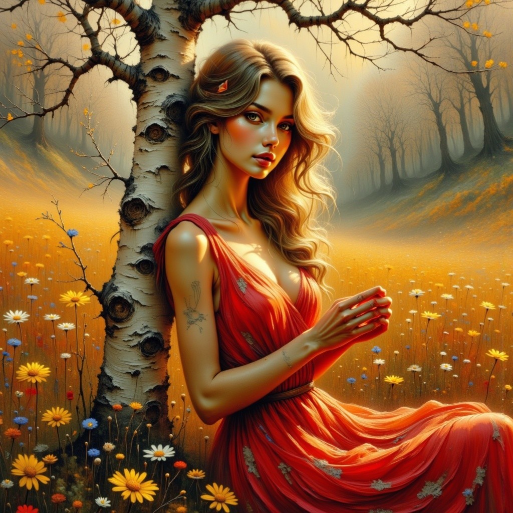 Young Woman in Red Dress by Birch Tree in Field