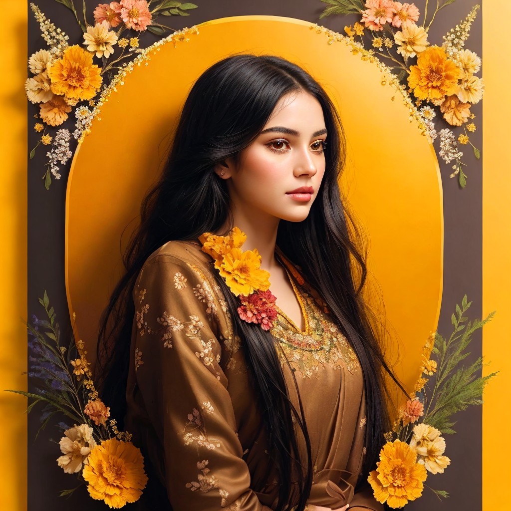 Young woman in embroidered brown outfit with floral patterns
