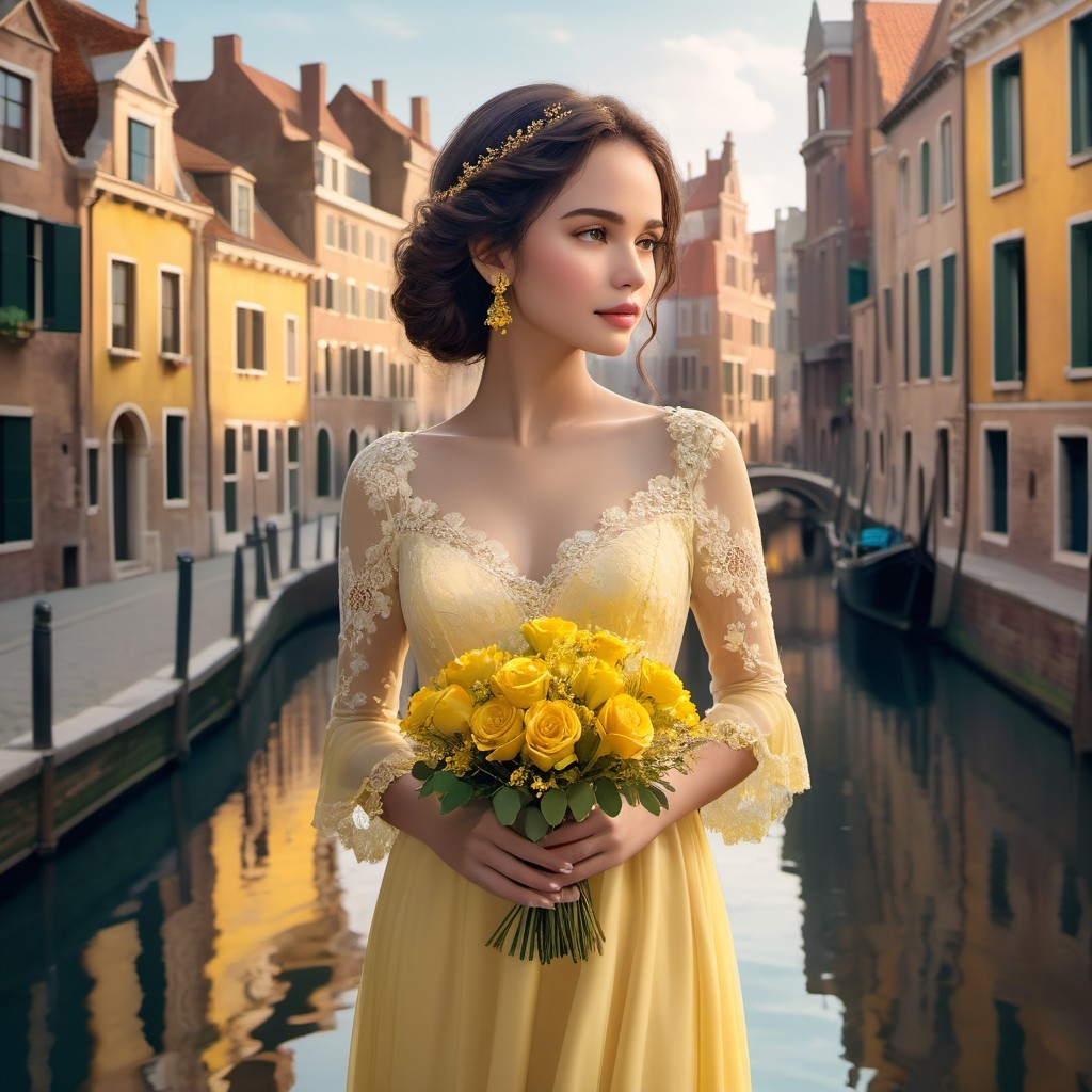 Young Woman in Yellow Gown by Tranquil Canal