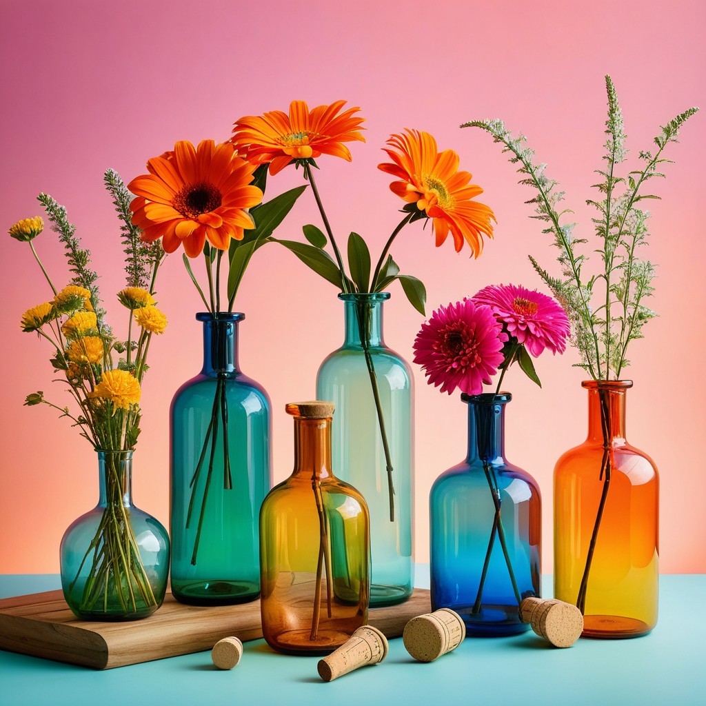 Colorful Glass Vases with Fresh Flowers on Wooden Surface