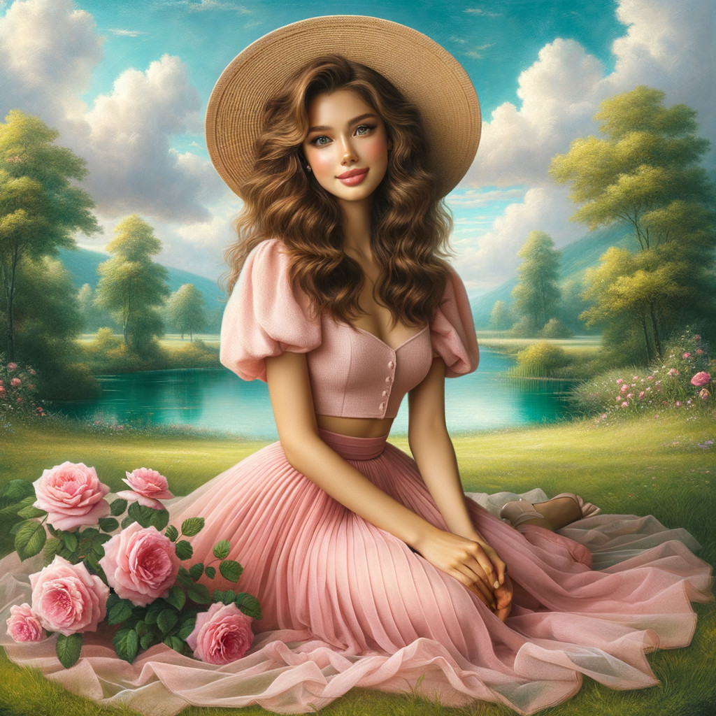 Young woman by a lake with roses and greenery