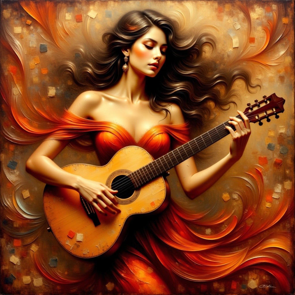 Captivating Woman with Guitar in Colorful Abstract Scene