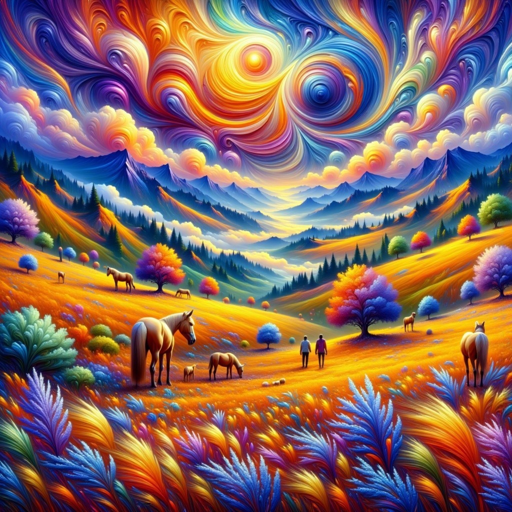 Surreal Landscape with Colorful Horses and Figures