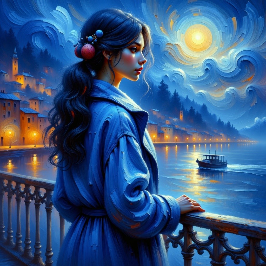 Young woman on balcony overlooking moonlit lakeside town
