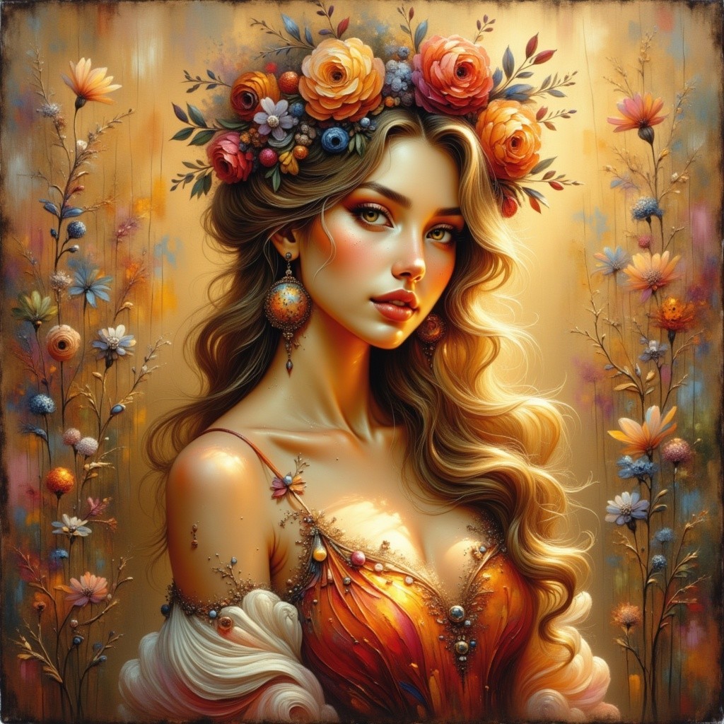 Portrait of a Woman in Floral Crown and Orange Dress