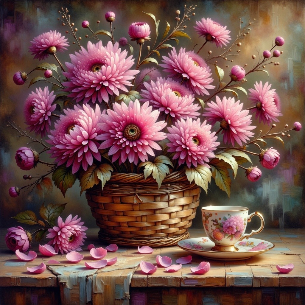 Vibrant Pink Chrysanthemums in Woven Basket Still Life