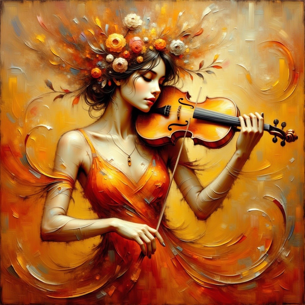 Woman in Orange Dress Playing Violin with Floral Crown