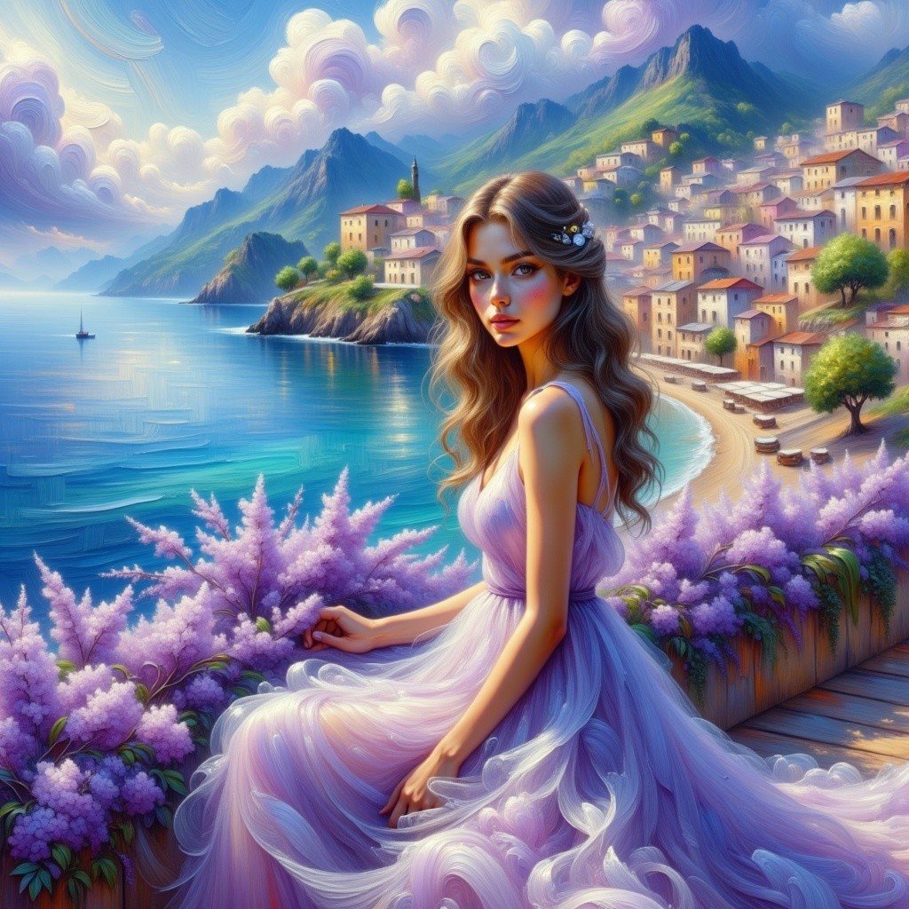 Coastal Scene with Woman in Lavender Gown and Flowers