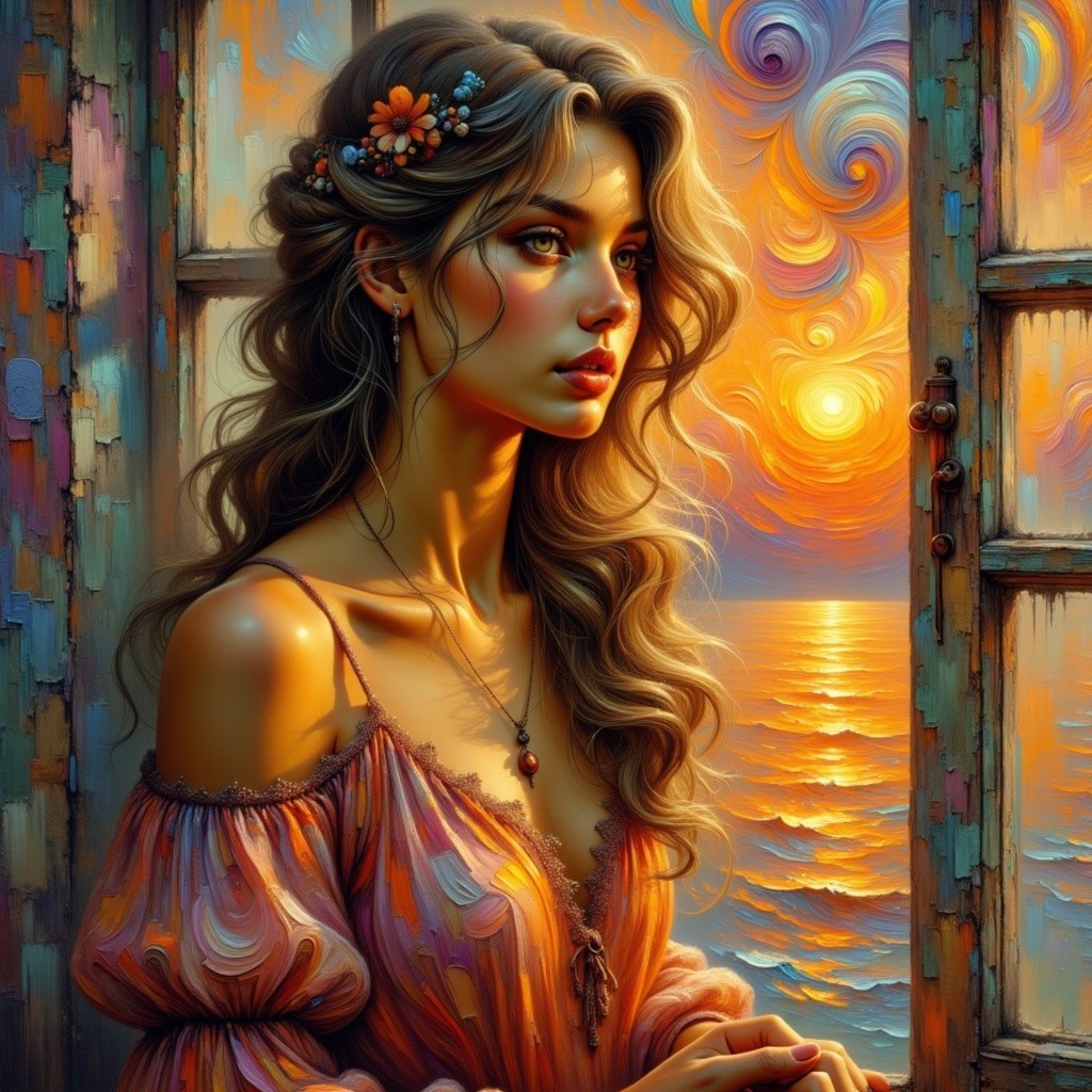 Young Woman Gazing Through Rustic Window at Sunset