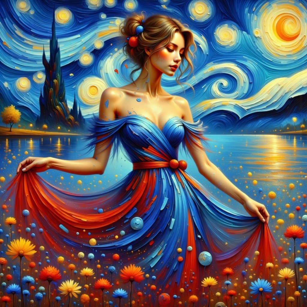 Elegant woman in gown by shimmering lake and stars