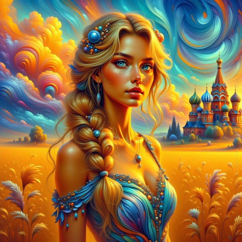 Young woman in blue dress in vibrant landscape scene