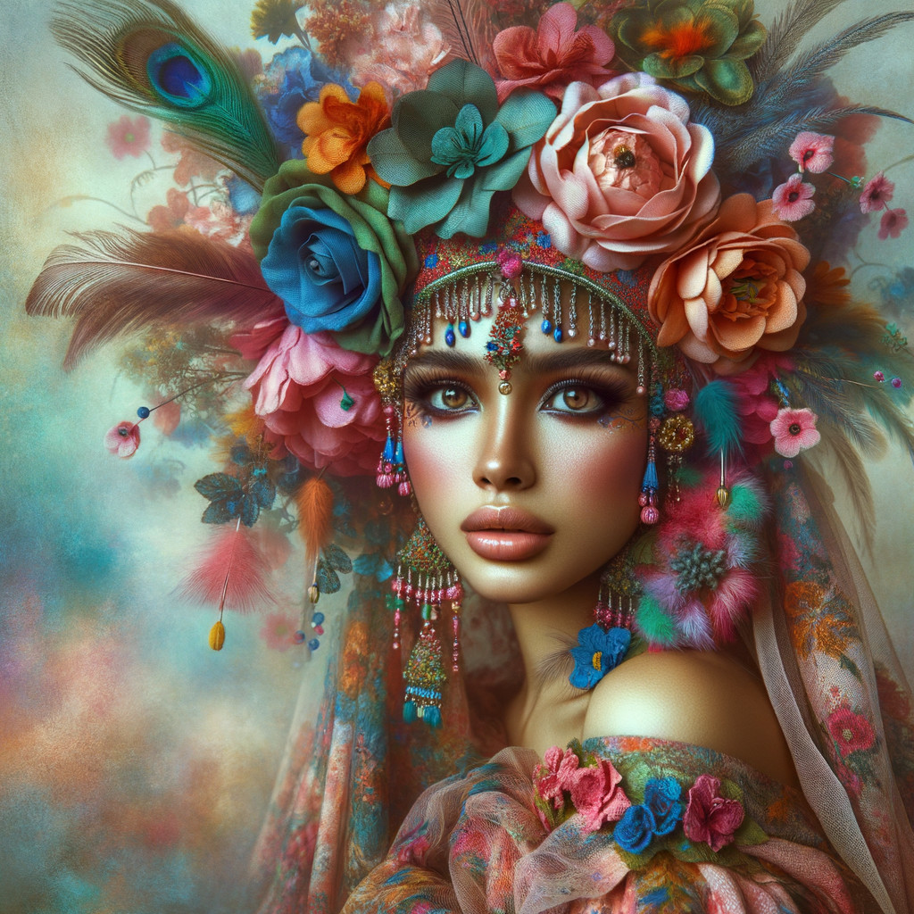Portrait of a Woman with Floral Headdress and Bold Makeup