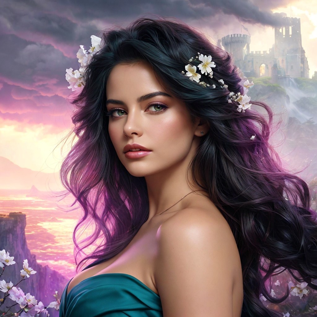 Young woman in teal dress with mystical landscape backdrop