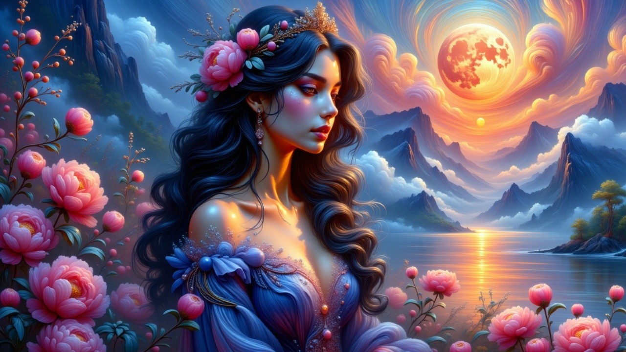 Young Woman with Floral Crown Amidst Nature's Beauty