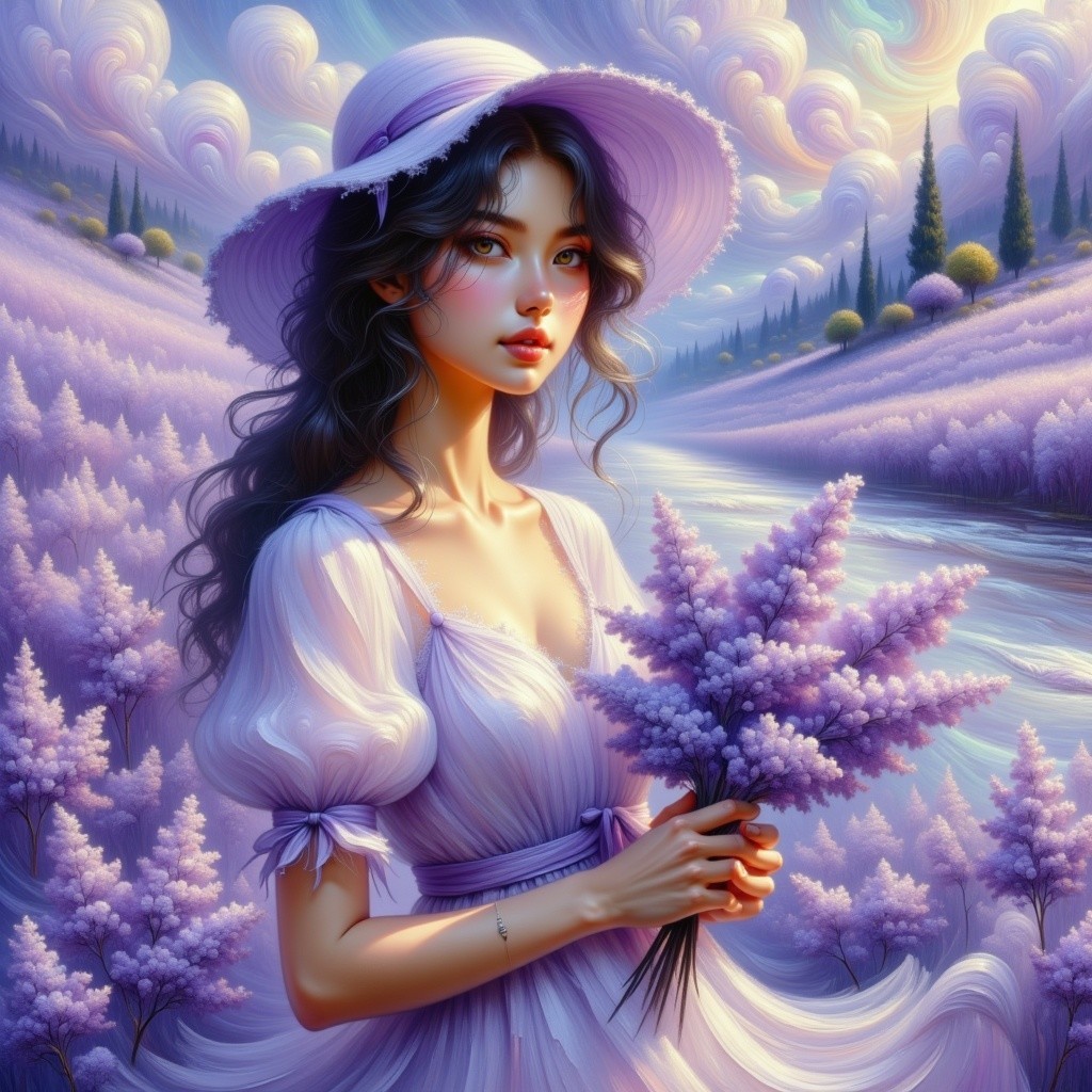 Young Woman in Lavender Field with Purple Flowers