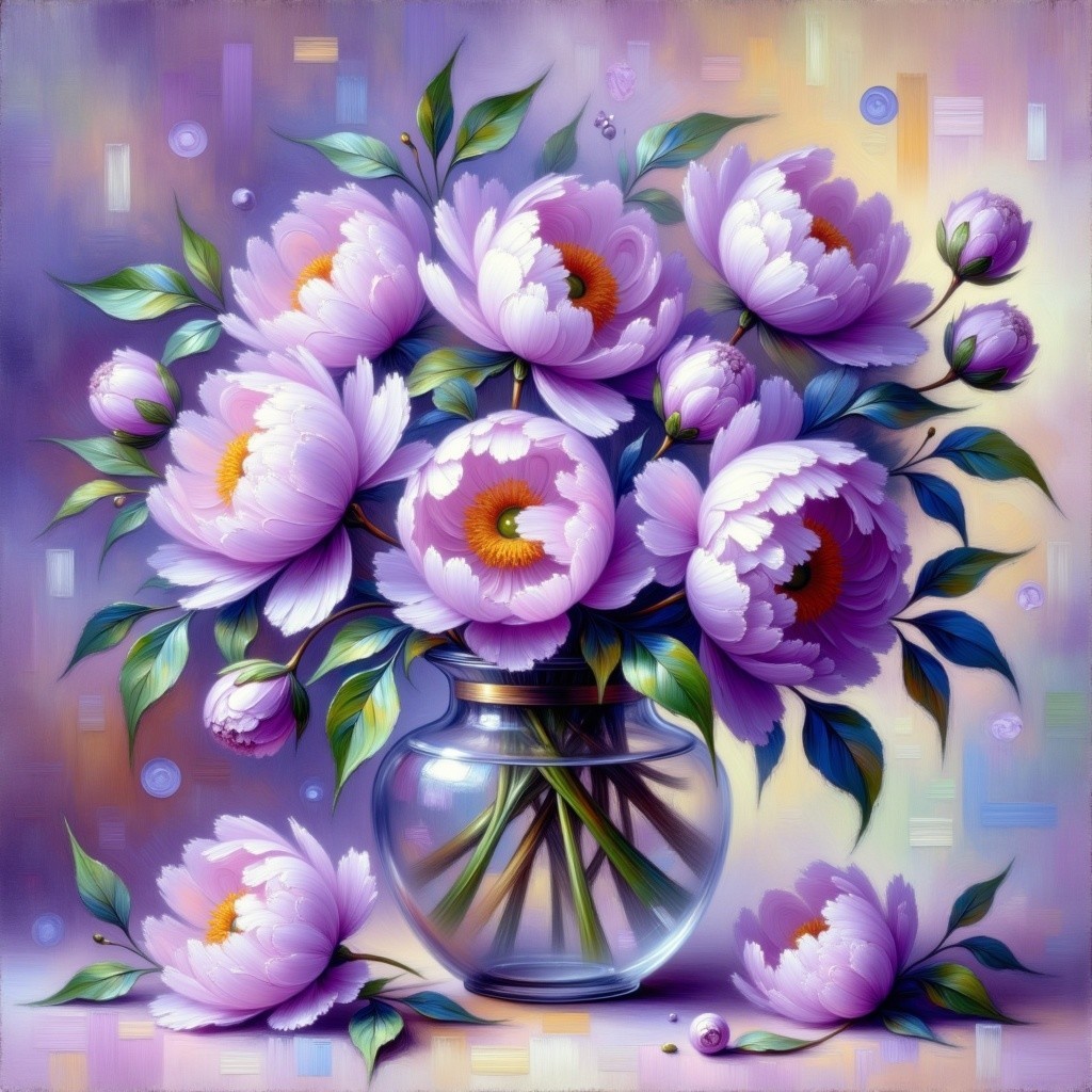 Lavender and Pink Peonies in Clear Glass Vase