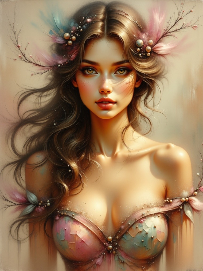 Stunning Female Figure with Feathers and Pearls