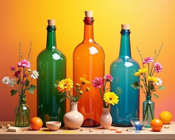 Vibrant Still Life with Colorful Bottles and Flowers
