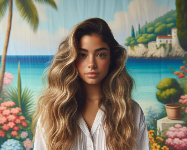 Young Woman in Tropical Setting with Serene Expression