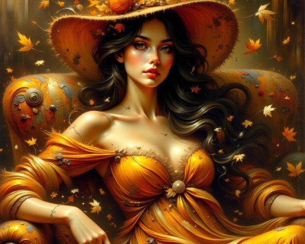 Woman in Orange Dress Surrounded by Autumn Leaves